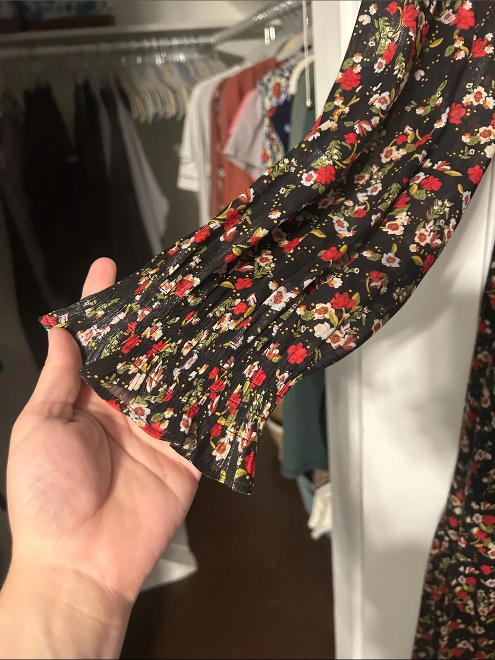 LC Lauren Conrad Black Floral Wrap Midi Dress with Red & Cream Blossoms - Picture 3 of 3